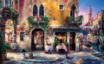 ヴェネツィアの夜のカフェ街並みの近代的な都市のシーン Oil Paintings